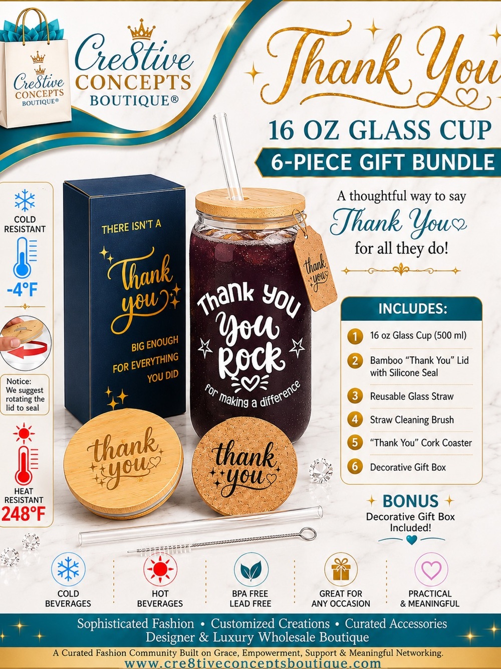 Appreciation 16oz Glass Thank You Cup 6-Piece Gift Bundle Set with Bamboo Lid